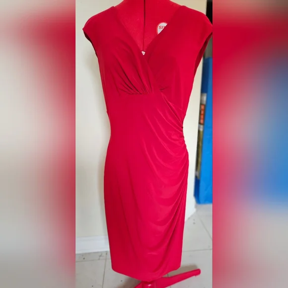 Ralph Lauren | Dresses | Ralph Lauren Red Ruched Wrap Midi Dress | Poshmark